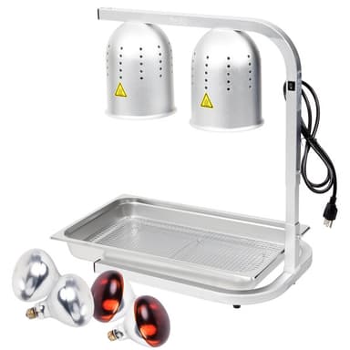 W62 Silver 2 Bulb Free Standing Heat Lamp / Food Warmer with Red Bulbs, Pan, and Grate - 120V, 500W