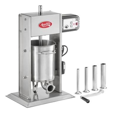 20 lb. Stainless Steel Vertical Hybrid Electric or Manual Sausage Stuffer with 5/8", 7/8", 1 1/4", and 1 1/2" Stainless Steel Funnels - 120V