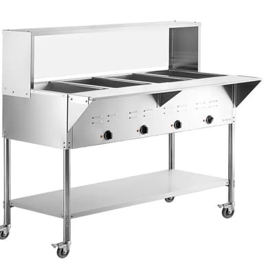 Four Pan Open Well Mobile Electric Steam Table with Undershelf and 57" Overshelf with Sneeze Guard - 208/240V, 3000W
