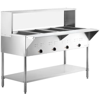 Four Pan Open Well Electric Steam Table with Undershelf, Overshelf, and Sneeze Guard - 120V, 2000W