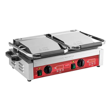 Commercial Dual Panini Sandwich Grill with Timer, Grooved Plates, and 19 5/8" x 9 1/8" Cooking Surface - 120V, 3500W