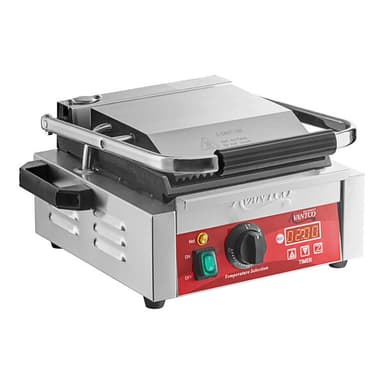 Commercial Panini Sandwich Grill with Timer, Grooved Top and Smooth Bottom Plates, and 8 1/2" x 8 1/2" Cooking Surface - 120V, 1750W