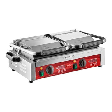 Commercial Dual Panini Sandwich Grill with Timer, Grooved Top and Smooth Bottom Plates, and 19 5/8" x 9 1/8" Cooking Surface - 120V, 3500W