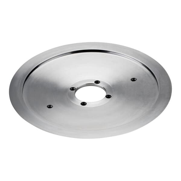 A circular stainless steel blade with holes.