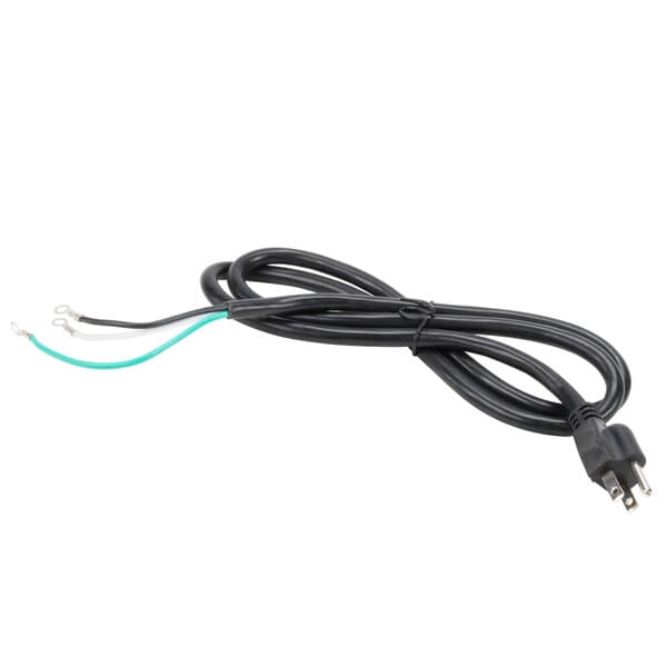 An Avantco black electrical cord with white and green wires.