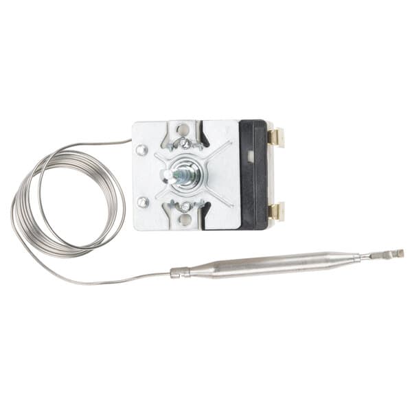 An Avantco thermostat, a small metal device with a wire.