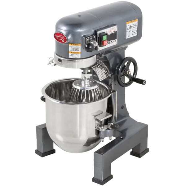 An Avantco stand mixer with a metal bowl on a stand.