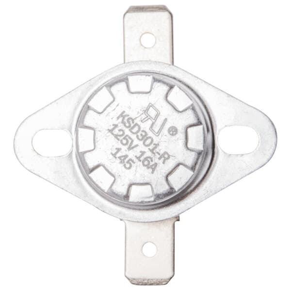 A close-up of a round metal Avantco thermostat with holes in it.