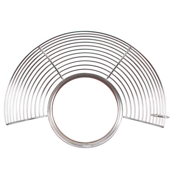 A stainless steel metal bowl guard with a circular design.