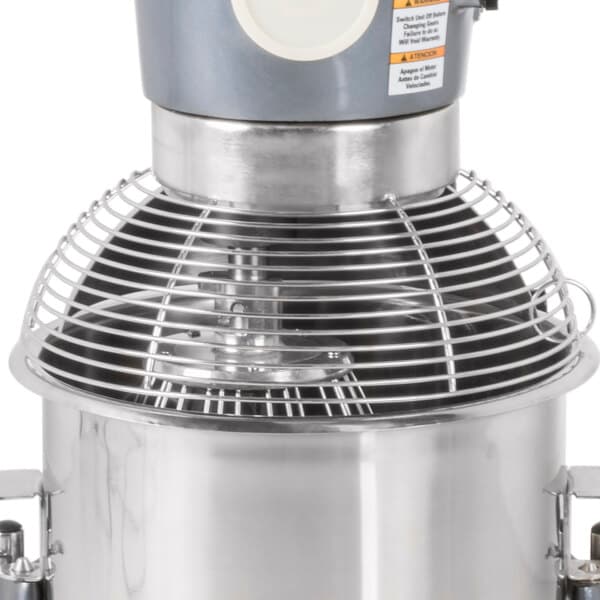 A stainless steel bowl guard for an Avantco mixer.