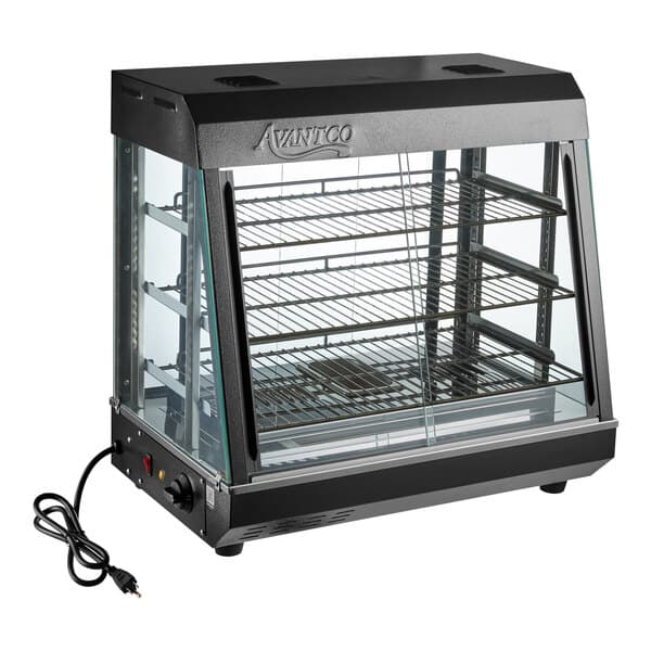 A countertop heated display case with three shelves, glass sides, and sliding doors, designed for keeping food warm.