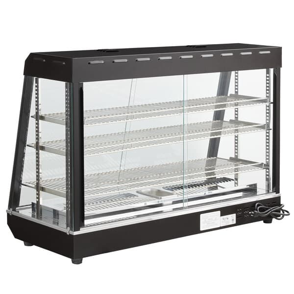 An Avantco countertop heated display case with glass sliding doors.