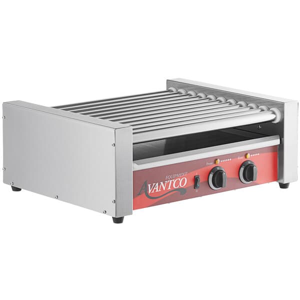 An Avantco hot dog roller grill on a counter.