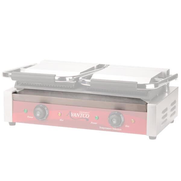 A close-up of an Avantco P8 Series Panini Grill with two drip trays underneath.
