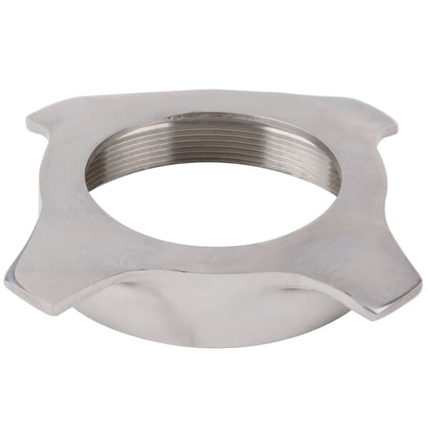 A silver stainless steel retaining ring with a hole.