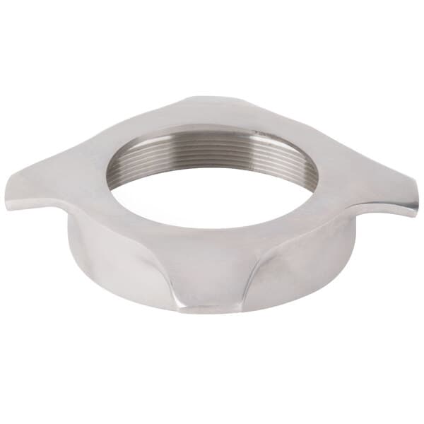 A stainless steel metal retaining ring for a meat grinder.