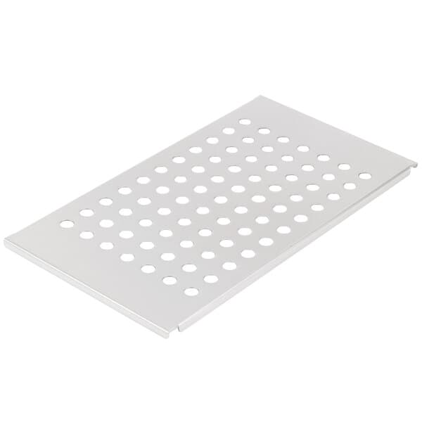 A white metal plate with holes.