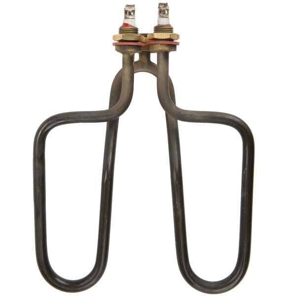 A close-up of a black metal Avantco heating element with metal connectors.