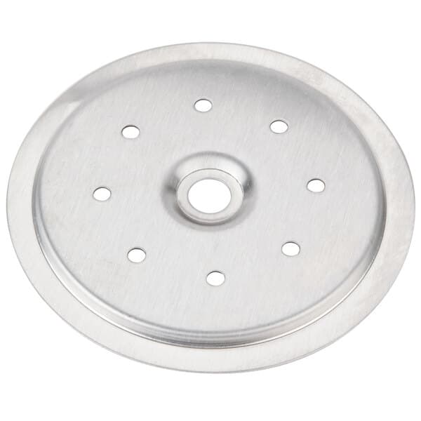 A silver circular stainless steel disc with 8 holes.