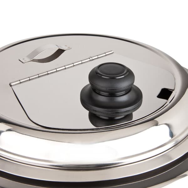 A stainless steel Avantco soup kettle lid with a black knob on a metal handle.