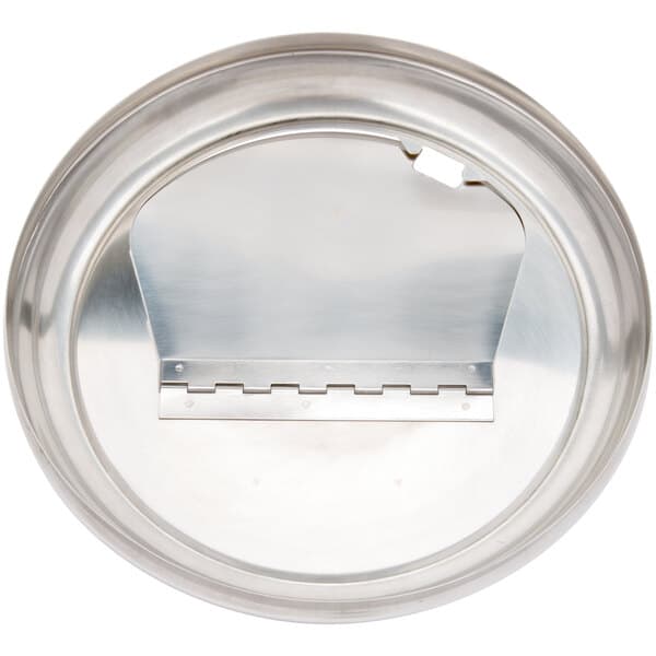 A close-up of a stainless steel Avantco lid with a metal handle.