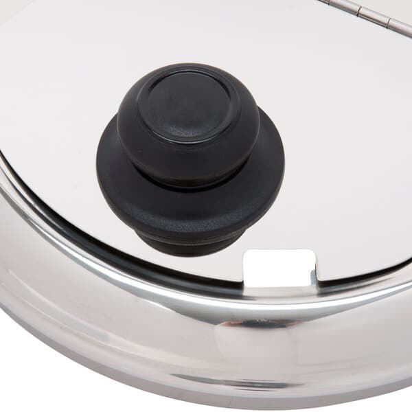 A silver Avantco lid with a black knob and rubber circle.