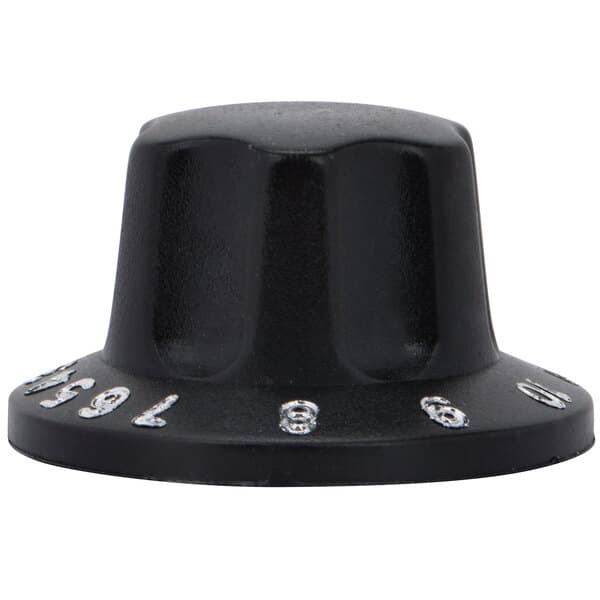 A close-up of a black Avantco replacement knob with white numbers.