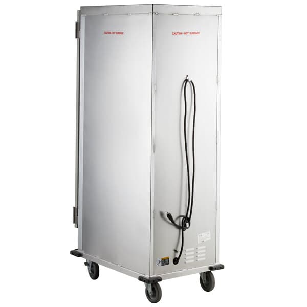 An Avantco stainless steel holding / proofing cabinet on wheels with a clear door.