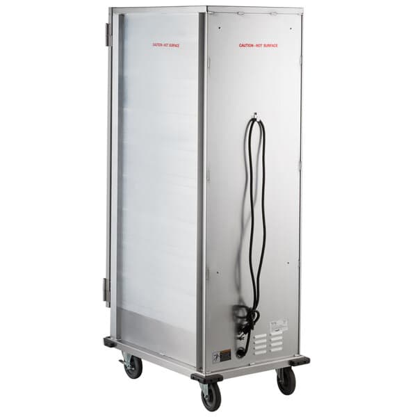 An Avantco stainless steel holding / proofing cabinet with wheels and a clear door.