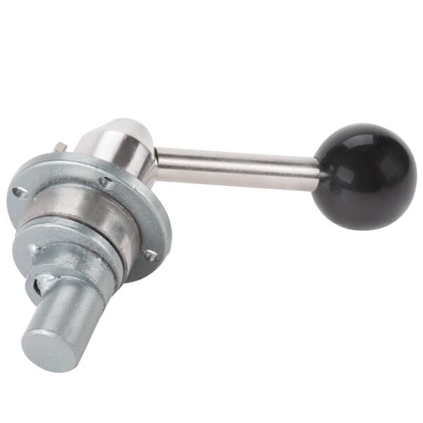 A close-up of a metal and black ball valve handle.