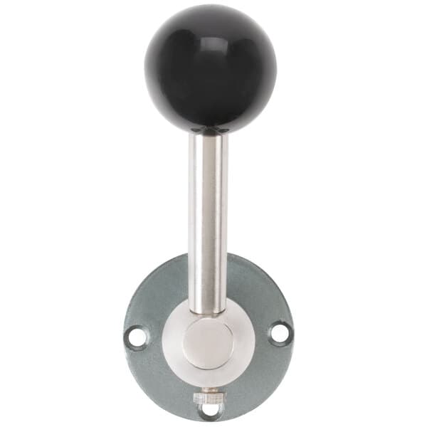 A metal plate with a black ball on top.