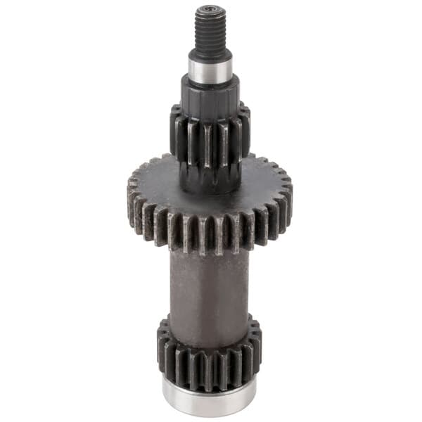 A close-up of a black metal gear with an axle on a white background.