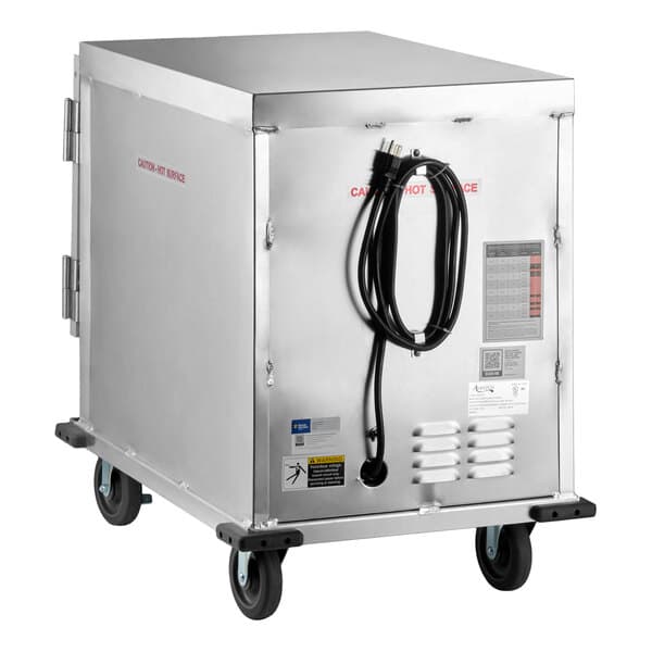 An undercounter half size insulated heated holding and proofing cabinet with a clear door, mounted on wheels and equipped with a power cord.