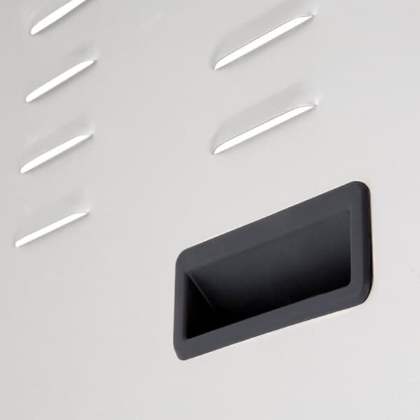 A black rectangular Avantco door handle with a hole.