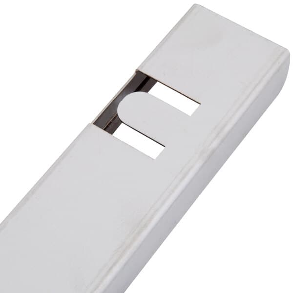 A white plastic door handle for an Avantco food dehydrator with a metal latch.