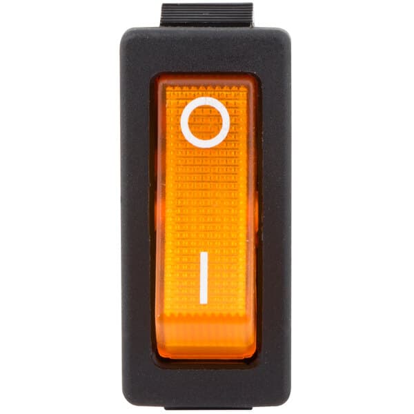 An Avantco on/off rocker switch with black and orange buttons.