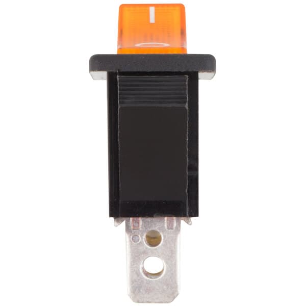 A close-up of a black rectangular On / Off rocker switch with orange and black accents.
