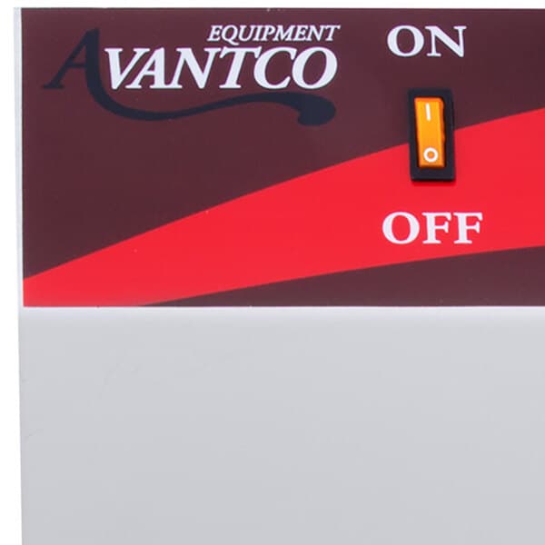 An Avantco On / Off Rocker Switch with white lettering on a red background.