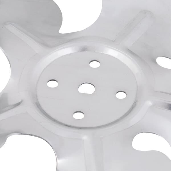 An Avantco metal fan blade with holes in it.