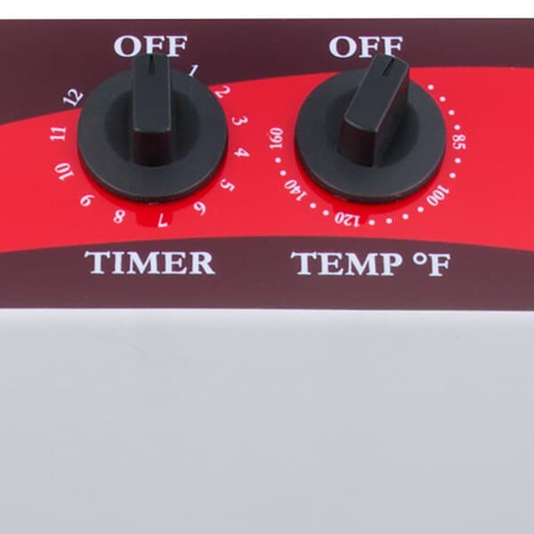A black knob with a white timer and temperature control panel.