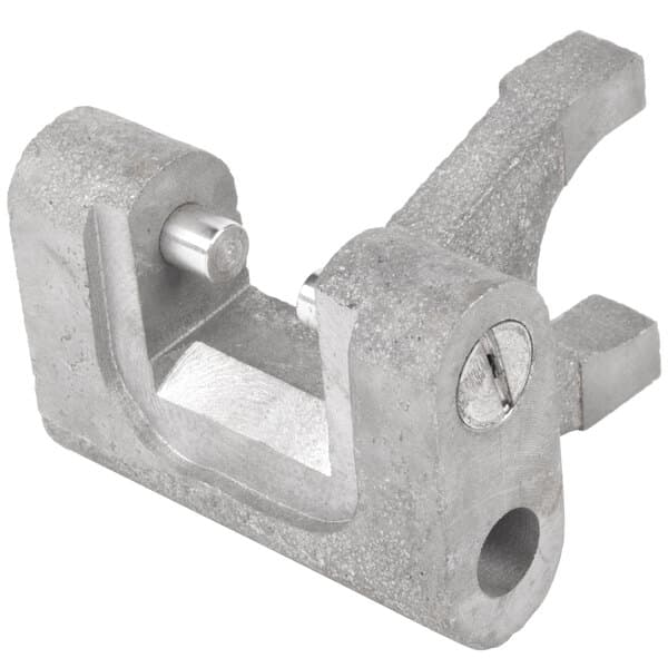 A metal fork clamp with a screw on it.