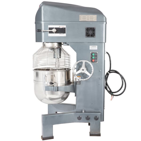 An Avantco hand wheel on a large mixer with a round metal bowl.