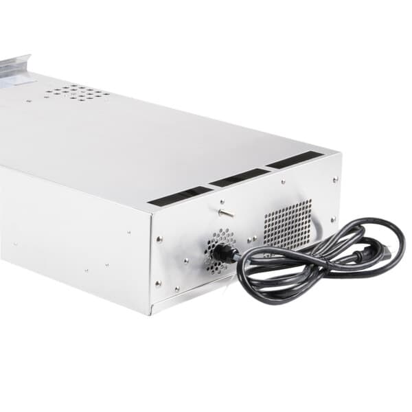 A silver rectangular drawer assembly with a black cord.