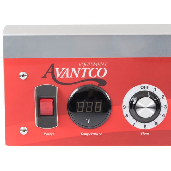 A red Avantco heating/holding control drawer assembly with buttons and dials.