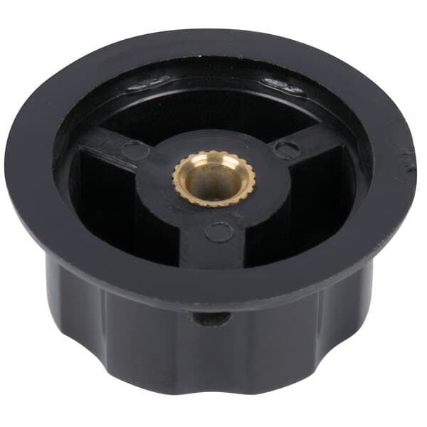A black plastic circular knob with a gold center.