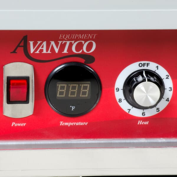 A close-up of a red Avantco control knob with a black frame.