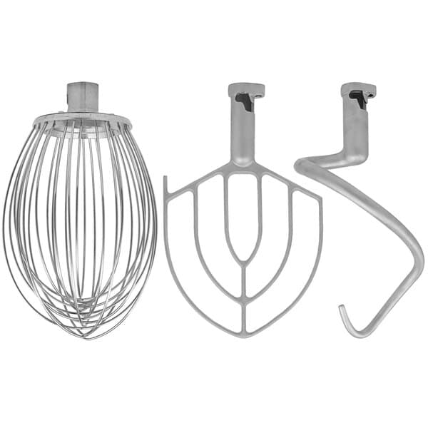 The standard accessories for an Avantco 20 qt. planetary stand mixer, including a wire whisk.