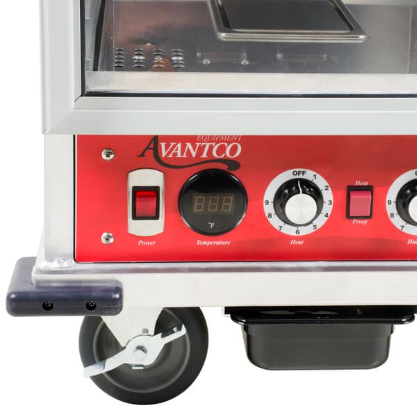 An Avantco Bumper with a red and white handle on a holding cabinet.