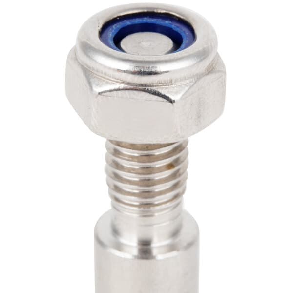 A stainless steel lock pin with blue threads on a white background.