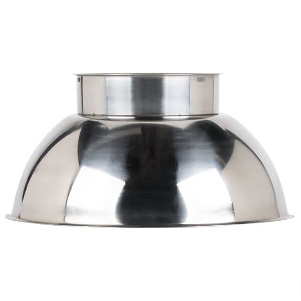 A silver Avantco bowl guard over a silver bowl.